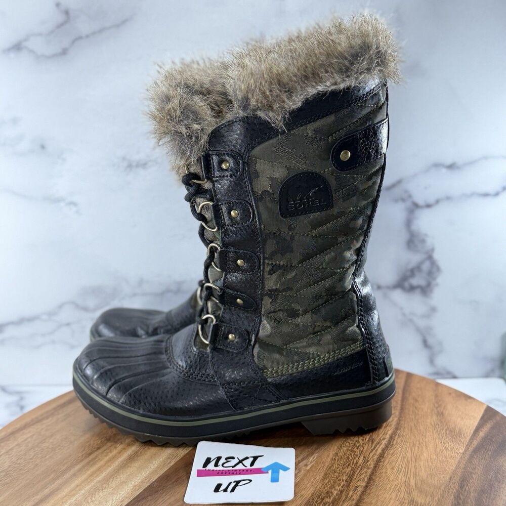Women’s 8.5-SOREL Camo Print Tofino II Waterproof Snow Boots Faux Fur Insulated